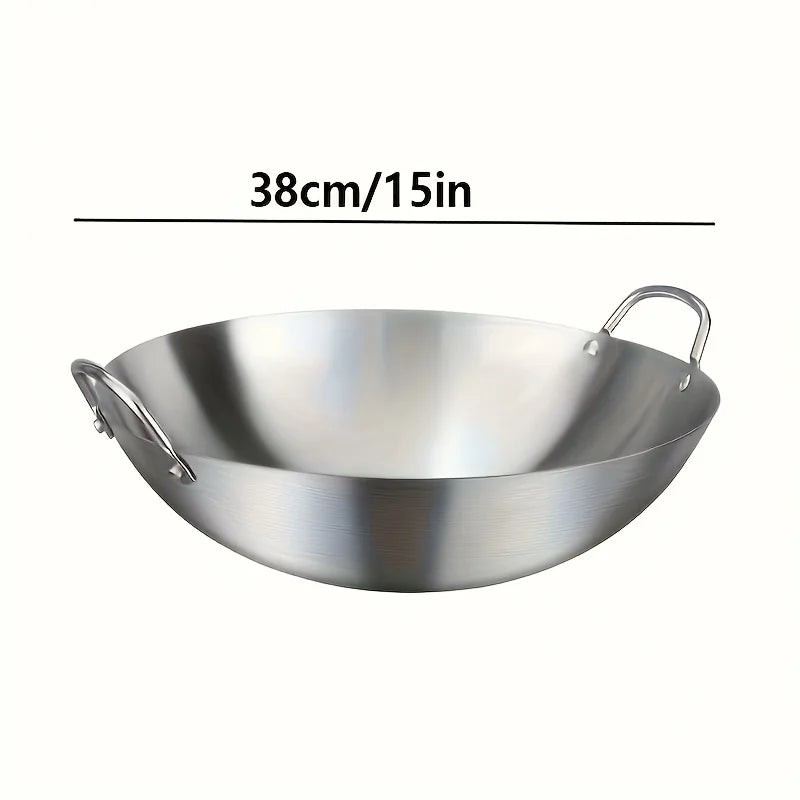Wok grande de acero inoxidable, sartén de Chef duradera gruesa sin recubrimiento de alta calidad con asas dobles, fácil de limpiar para uso comercial, 1 ud.