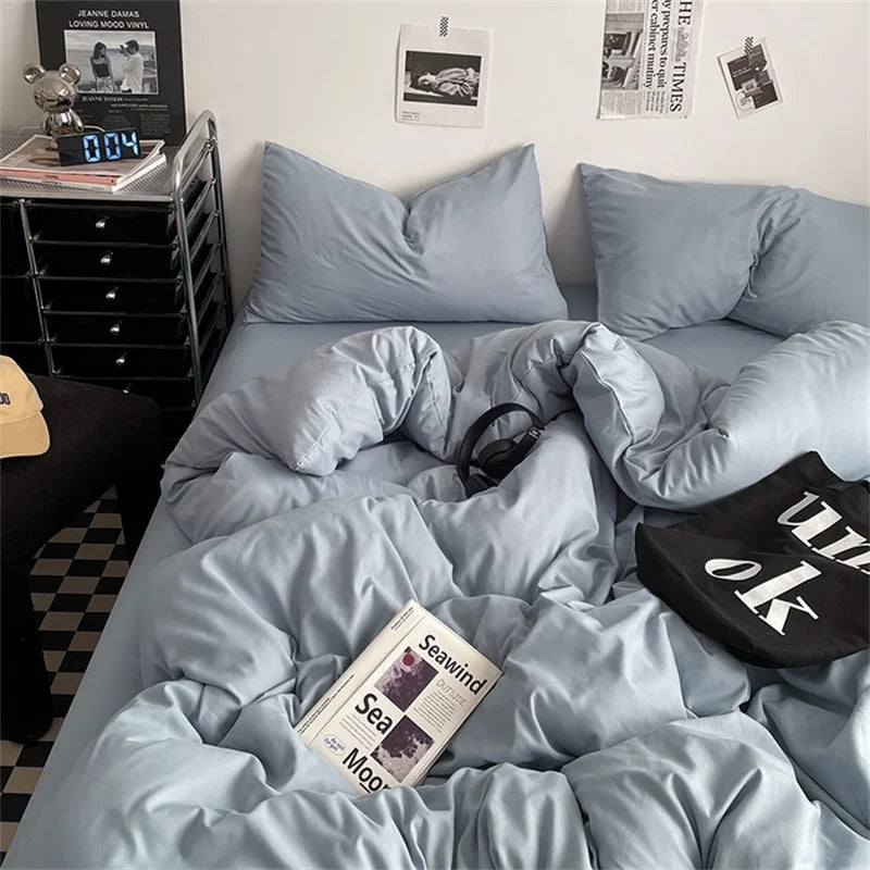 Juego de Ropa de Cama 100% Algodón, Juego de Sábanas de Algodón Lavado de Cuatro Piezas, Juego de Edredón, Funda de Edredón Doble para Parejas