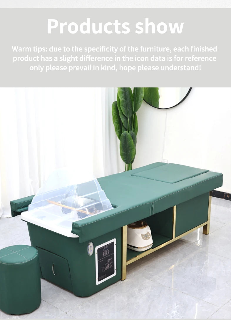 Mesa de Masaje Tailandesa de Diseño Moderno, Cama Eléctrica para Lavado de Cabello, Equipo de Spa Capilar, Cama Reclinable para Salón de Belleza con Lavabo de Cerámica y Reposapiés