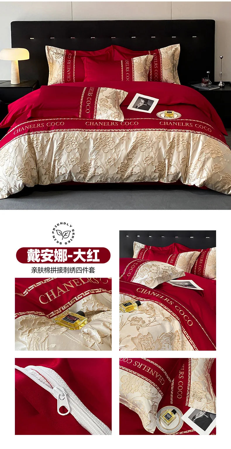 Juego de cama europeo de alta gama, juego de cuatro piezas de algodón de lujo, funda de edredón bordada de algodón, sábanas, sombreros, ropa de cama para personas mayores