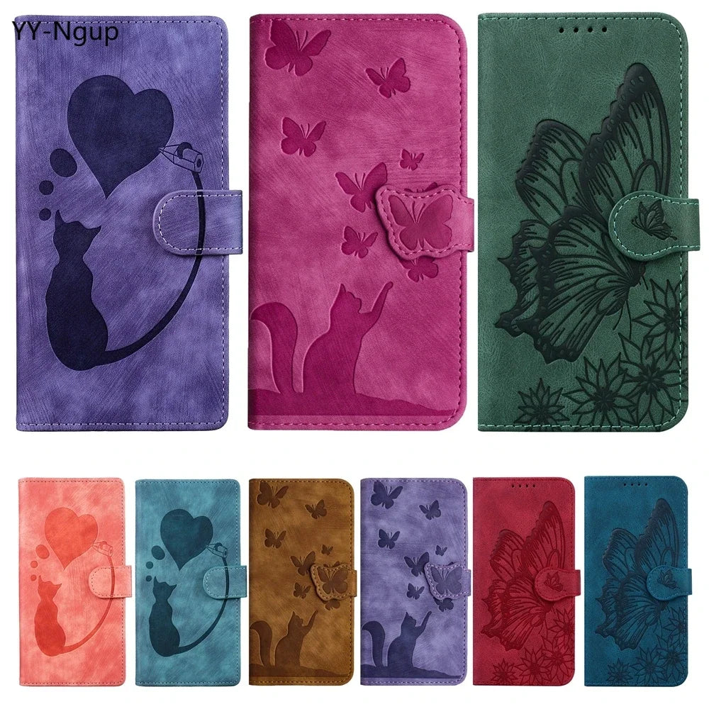 Funda tipo cartera de cuero con diseño de gato y mariposa para iPhone 17, 15, 16, 14, 13, 12, 11 Pro Max, iPhone 15 Plus