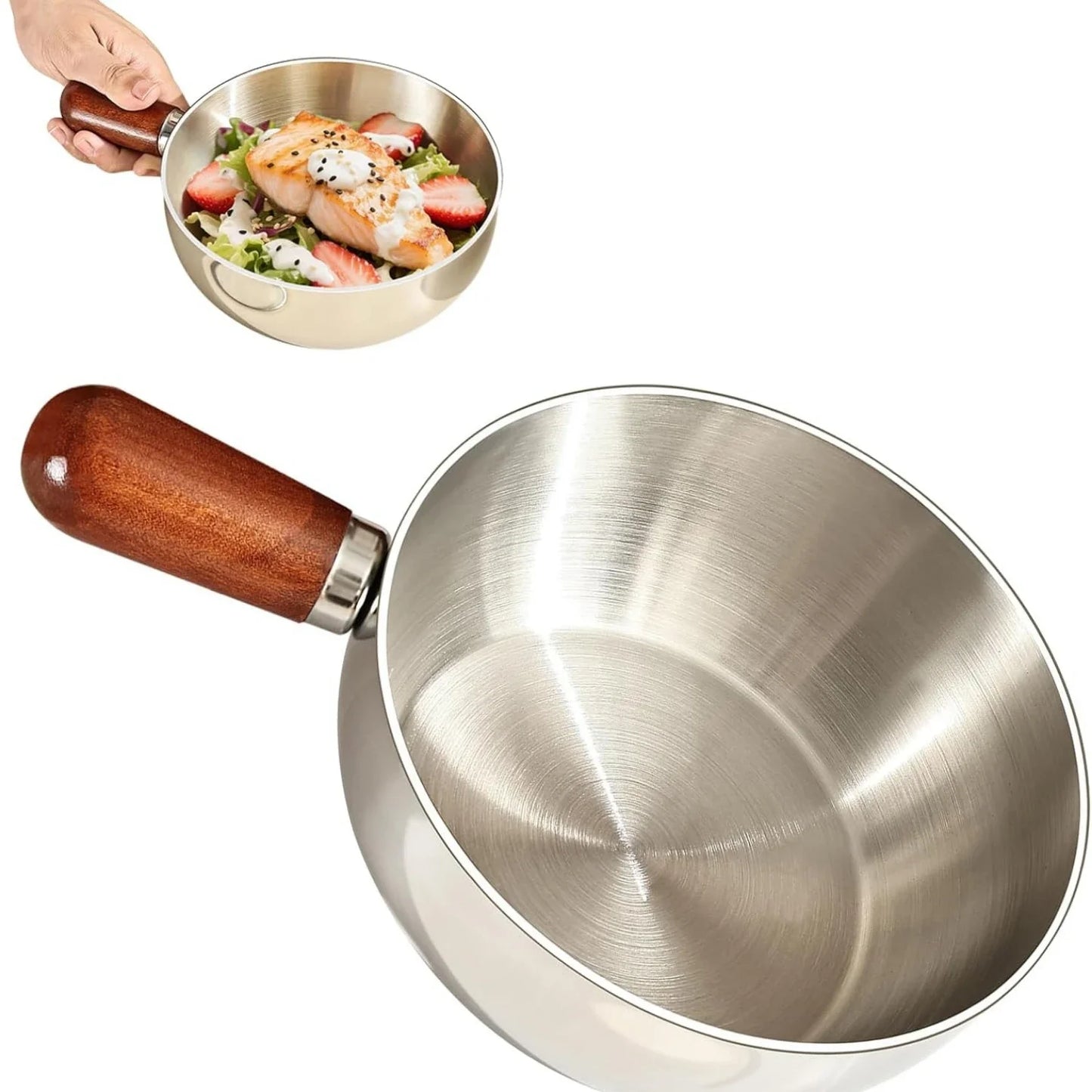Olla para Leche de Acero Inoxidable con Mango de Madera Resistente al Calor, Base Antideslizante, Mini Cacerola para Calentar Leche