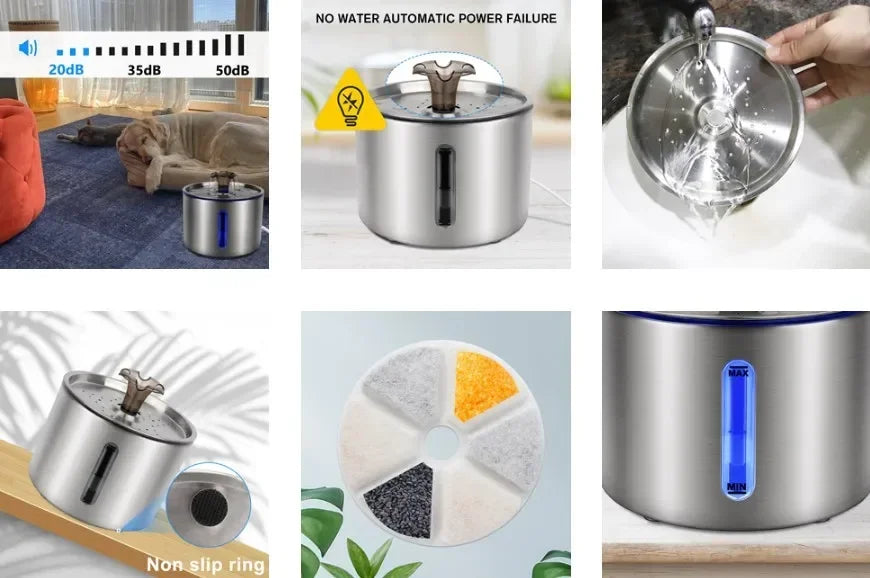 Fuente de agua automática para mascotas de 2,5 L con luz LED, ventana visible y antideslizante, dispensador de agua de filtración múltiple para perros y gatos
