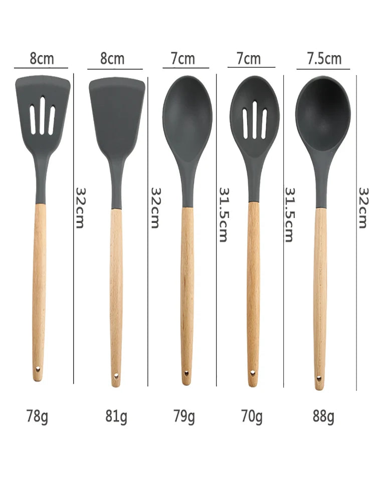 Juego de utensilios de cocina de silicona resistentes a altas temperaturas, pala con mango de madera, cuchara con fugas, herramienta, utensilio de cocina, accesorios para hornear