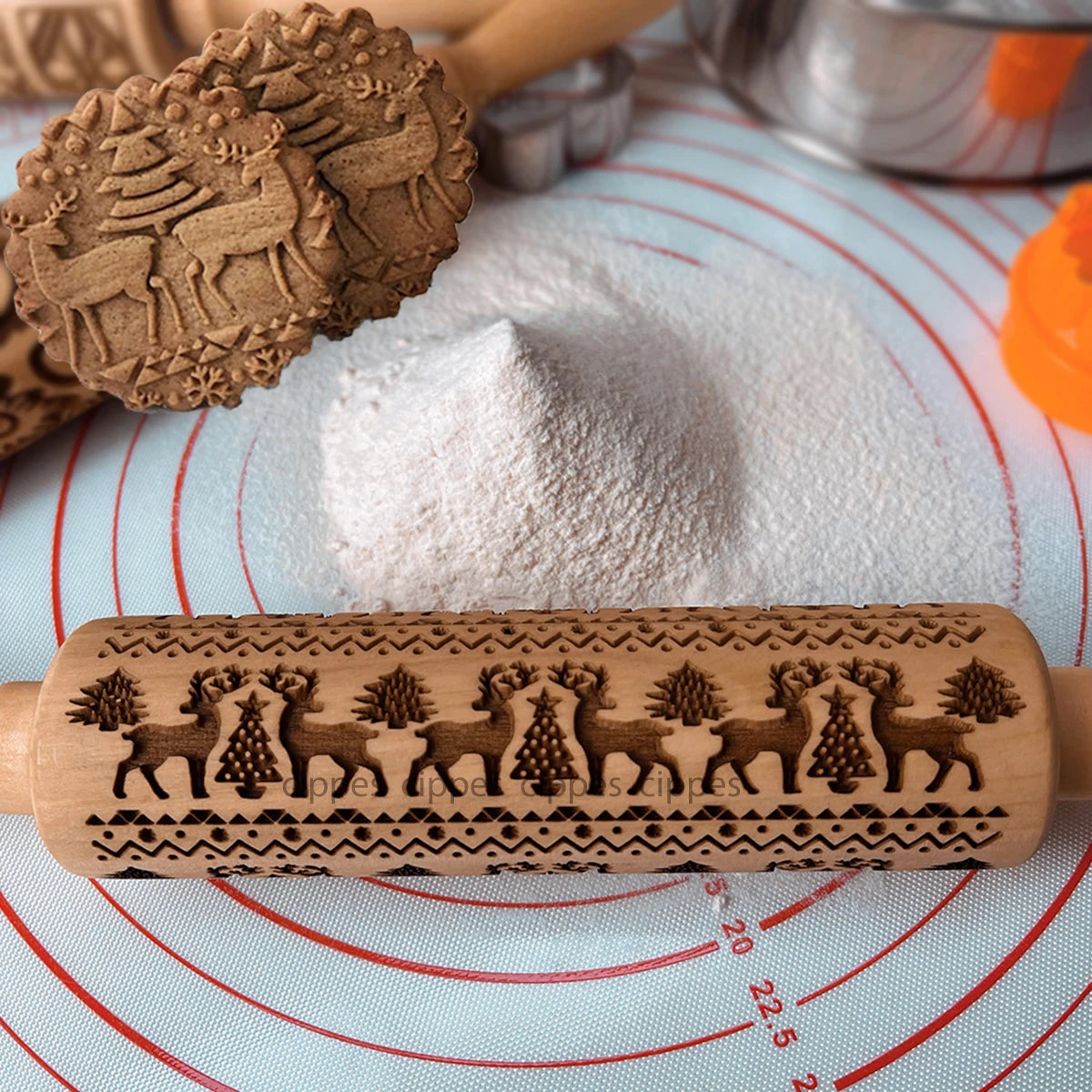 Rodillo navideño con patrones de flores de reno, molde para galletas 3D en relieve de madera grabado con láser, herramientas para hornear DIY, rodillo de masa
