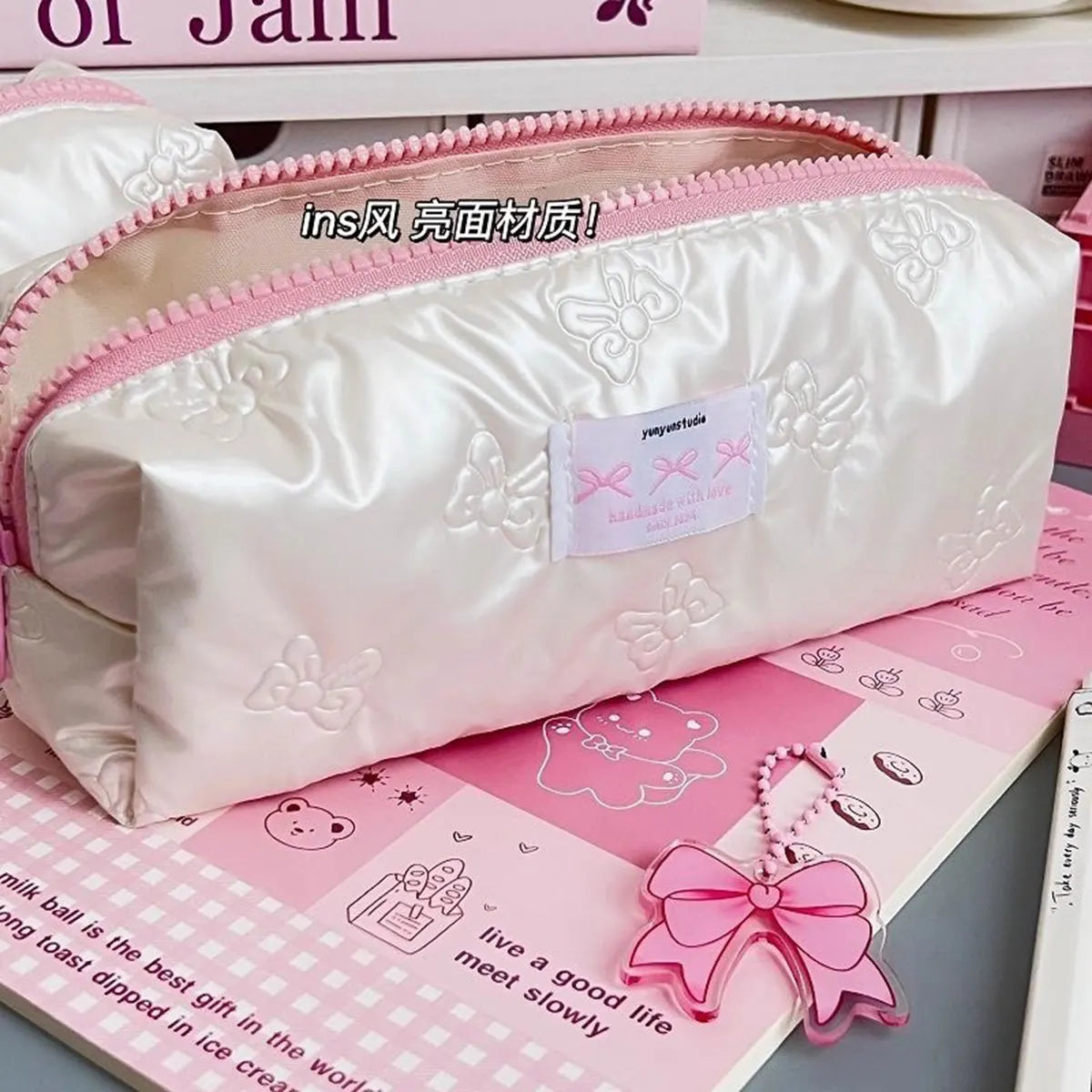 Estuche creativo para lápices con lazo rosa, bolsas para lápices de gran capacidad, bolsa organizadora de papelería multifuncional, 1 ud.