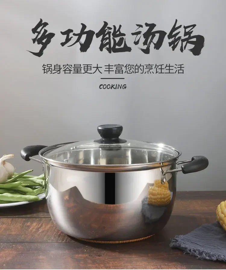 Olla de cocina multifuncional, olla de sopa de acero inoxidable, mango antiescaldado engrosado, olla para cocinar al vapor, tapa de vidrio templado