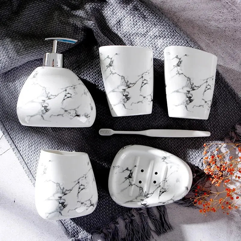 6 unids/set de cerámica de imitación de mármol, juego de accesorios de baño, dispensador de jabón/soporte para cepillo de dientes/vaso/productos jabonera