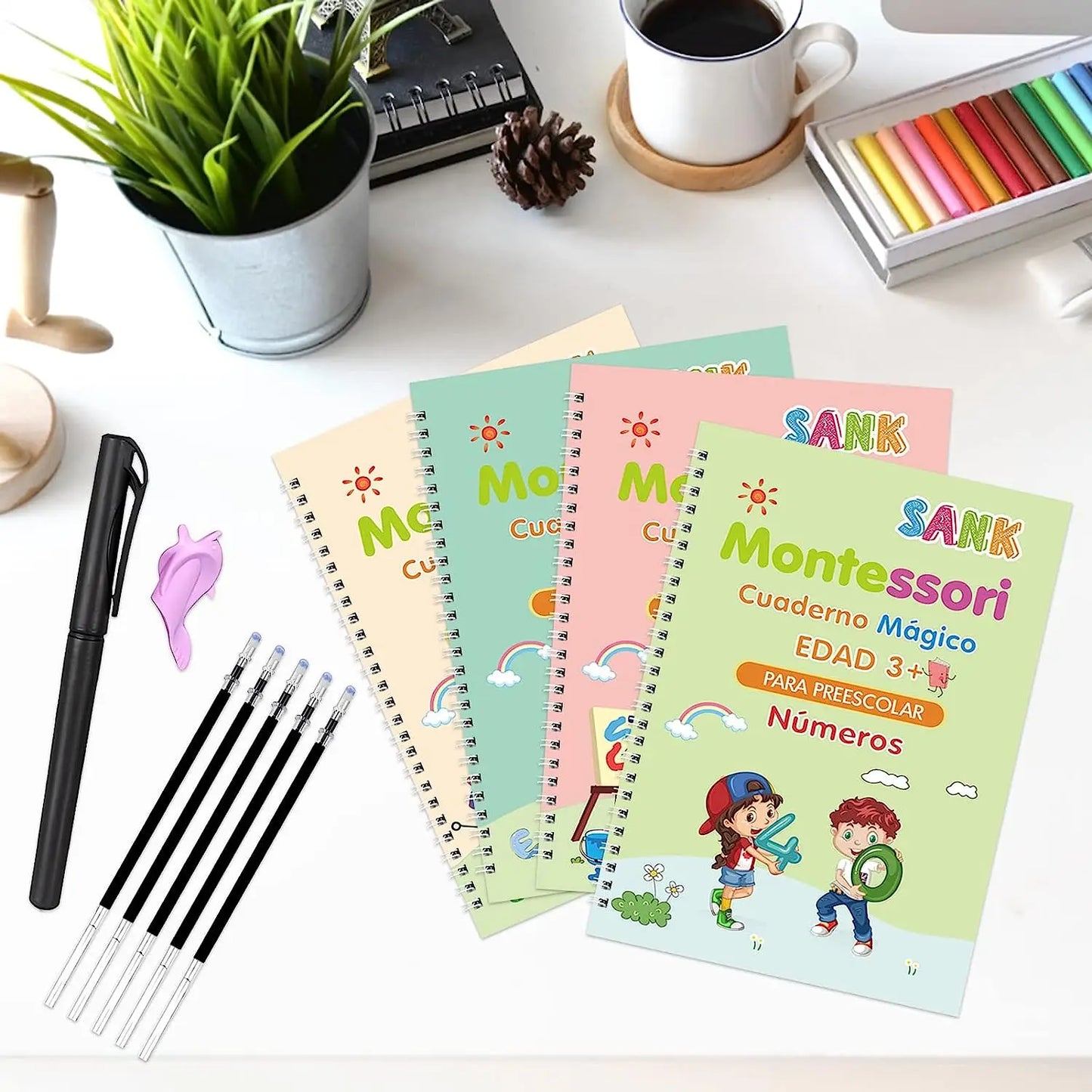 Juego de 4 Cuadernos de Práctica de Caligrafía Mágica Montessori en Español, Reutilizables, para Trazar el Alfabeto, Números, Matemáticas y Dibujo