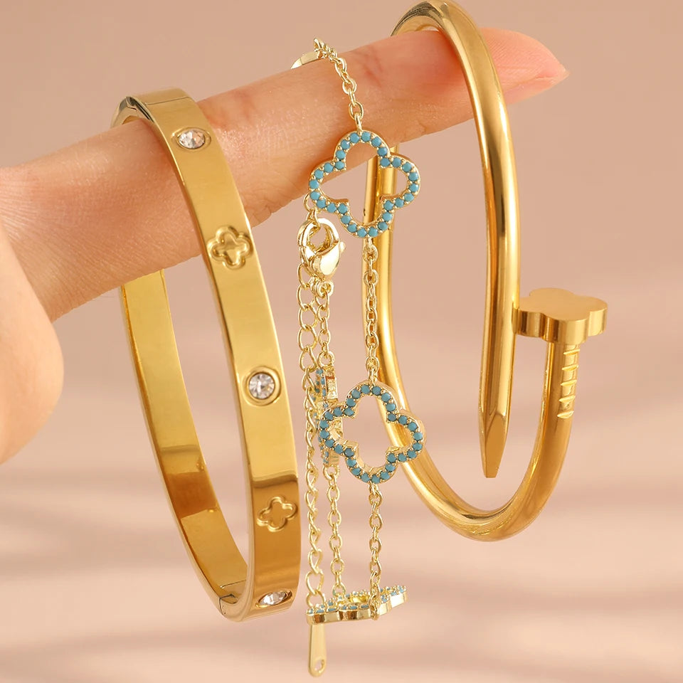 Pulsera de Acero Inoxidable Chapada en Oro con Cuatro Flores Apiladas, Brazaletes Brillantes con Circonita, Regalo de Joyería para Parejas
