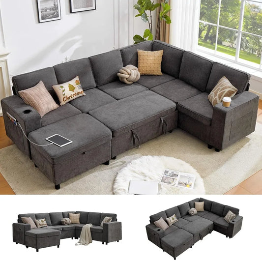 Sofá Seccional Modular de 107 Pulgadas con Cama Extraíble, Sofá Seccional en Forma de U de 7 Plazas con Otomana de Almacenamiento, USB, Personalizable