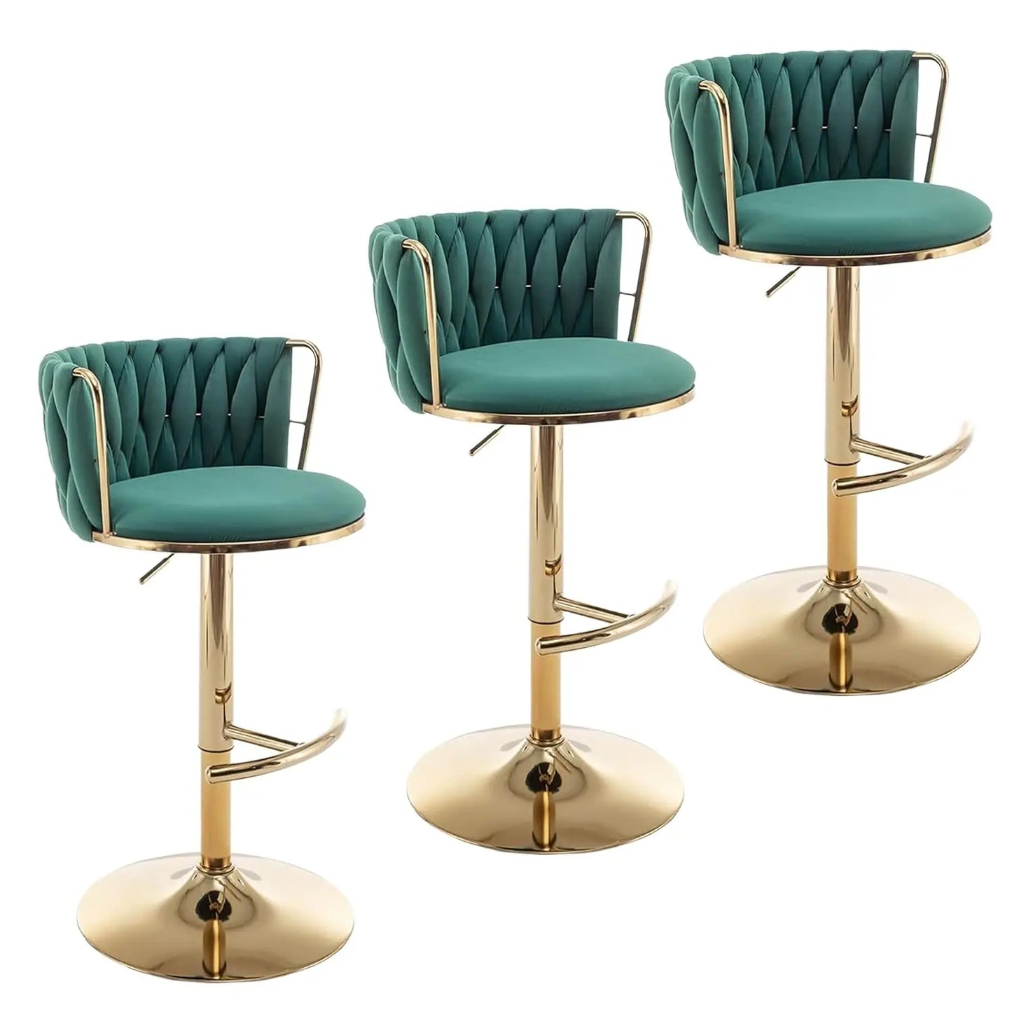 Juego de 3 Taburetes de Bar de Terciopelo Dorado, Taburetes Giratorios con Respaldo para Barra de Cocina, Ajustables y Tejidos, Personalizables