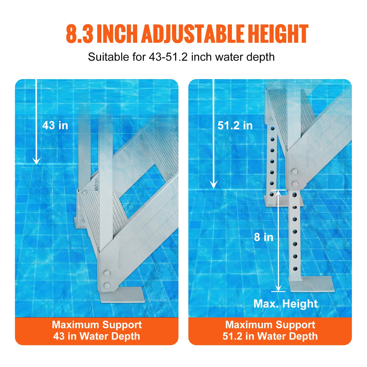 SucceBuy Escalera de muelle de pasamanos dobles de 4/6 escalones de aluminio con alfombrilla de goma de 30 "-39" de altura ajustable para piscina de embarque marina de lago