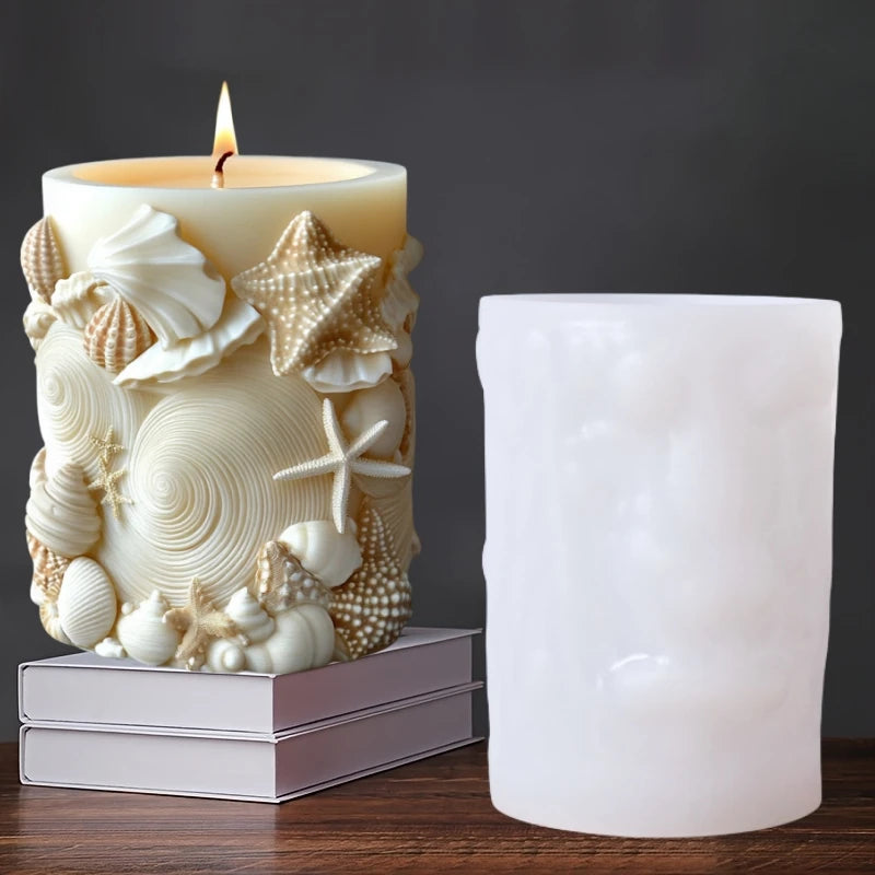 DIY estilo océano vela cilíndrica en relieve molde de silicona estrella de mar concha molde de resina cilíndrica ondas vieira moldes de yeso coral