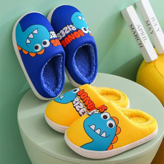 Zapatillas con patrón de dinosaurio de dibujos animados para niños y niñas, bonitos zapatos de felpa, zapatos cálidos adecuados para interiores de otoño e invierno