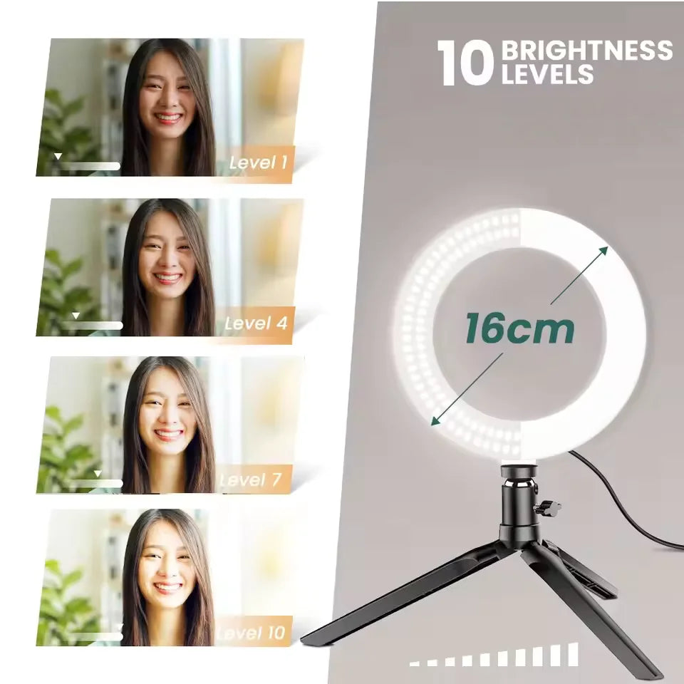 Aro de Luz LED para Escritorio de 16 cm, Regulable, con Soporte de Trípode, Ángulo Ajustable, Interfaz USB para Video, Transmisión en Vivo y Maquillaje
