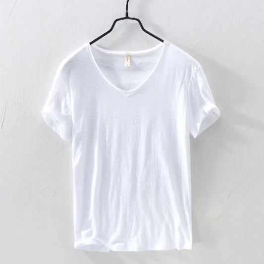 Weißes Herren-T-Shirt aus 100 % Baumwolle — V-Ausschnitt, Kurzarm, Übergrößen bis 3XL