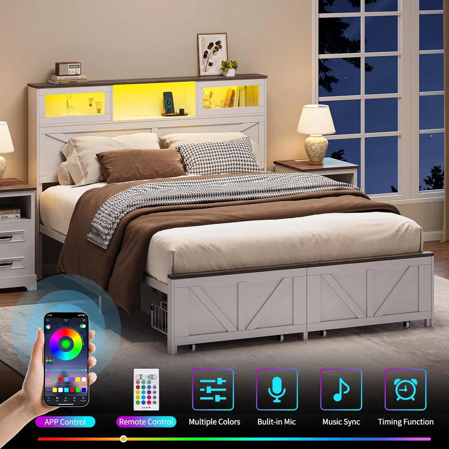 Base de Cama Matrimonial con Cabecero, Base de Cama Matrimonial con Estación de Carga, Camas LED con 2 Cajones de Almacenamiento, Base de Cama de Madera Estilo Rústico