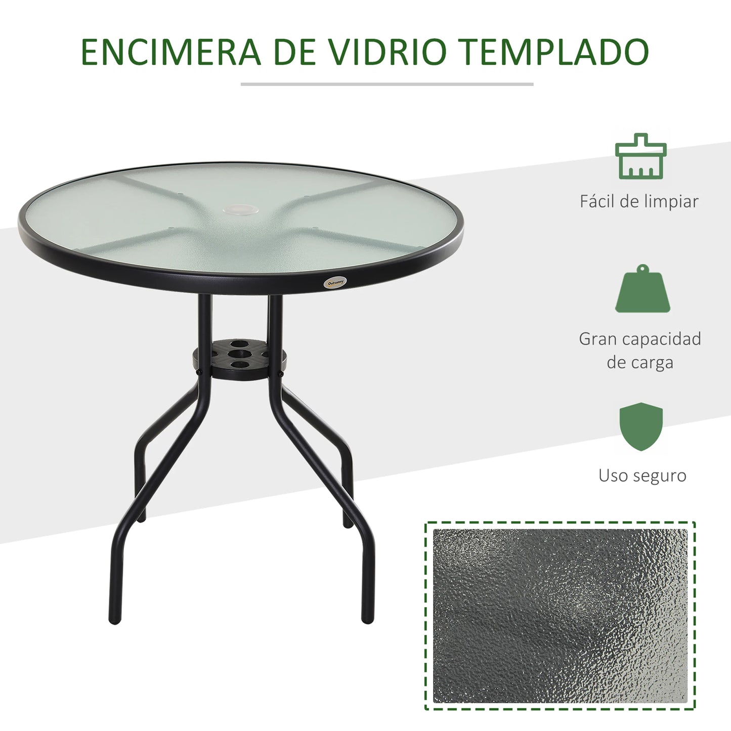 Outsunny Mesa de Jardín Redonda de Cristal con Agujero para Sombrilla Ø80x72 cm