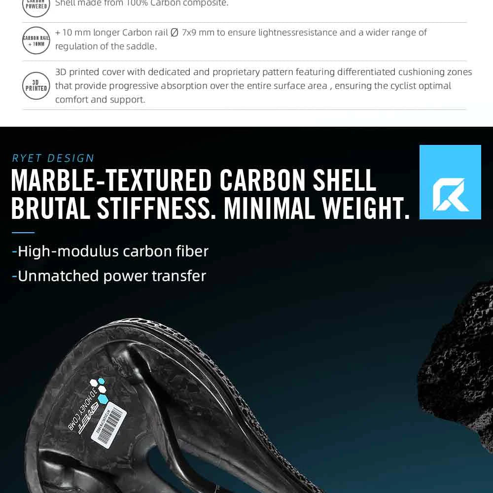 RYET-sillín de carbono para bicicleta con estampado 3D, 140mm, 142mm, superligero, para carreras de montaña, EVA, cojín para asiento de bicicleta, pieza de asiento para ciclismo