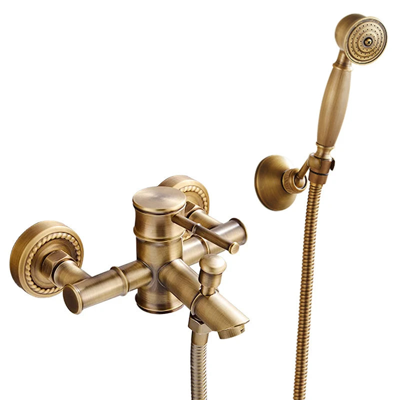 Grifo de ducha de baño antiguo, mezclador de bañera caliente y fría, grifo de grúa, montaje en pared, Material de latón, juego de baño de Bambú
