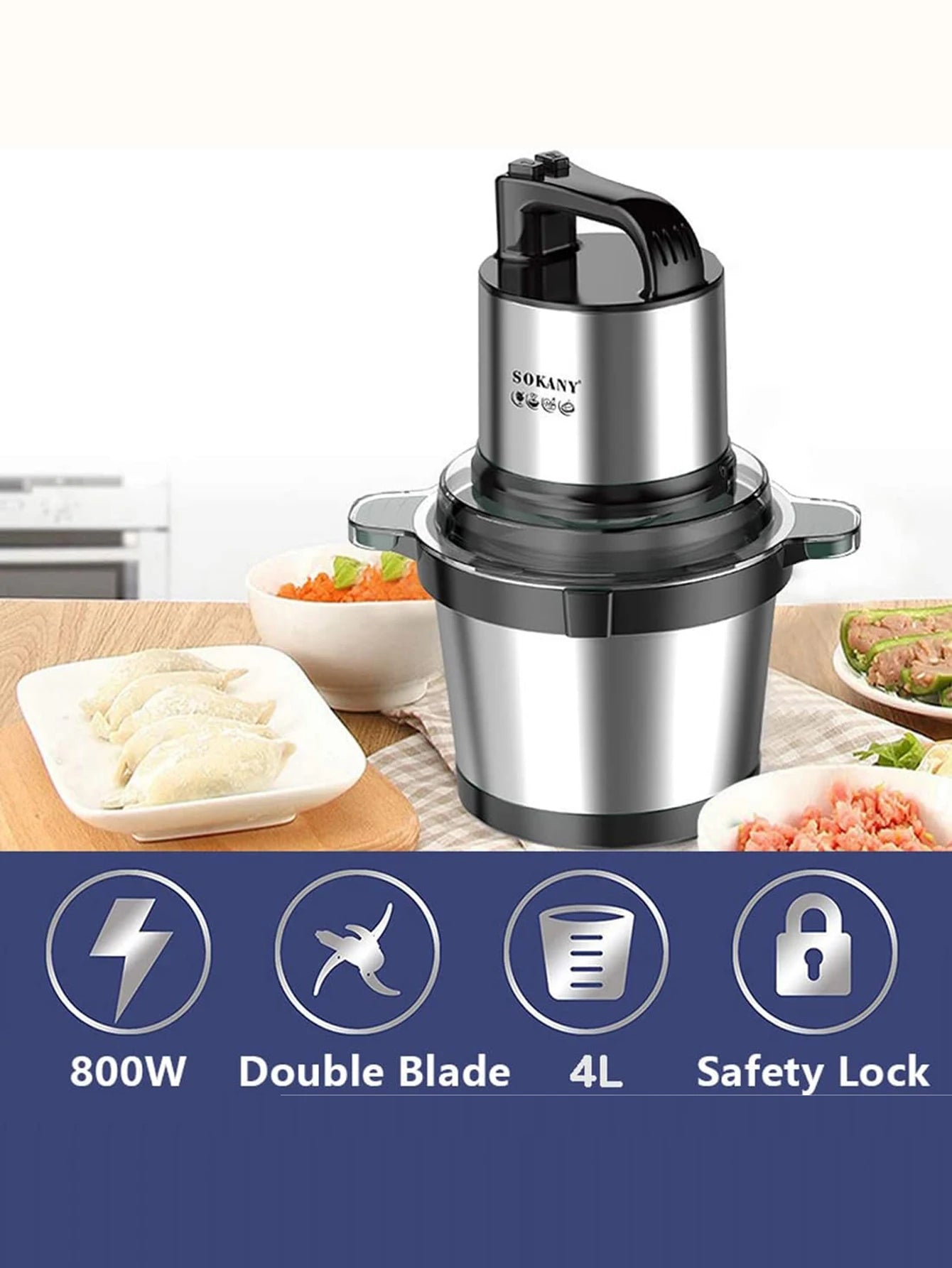 1pc electric kitchen knife with stainless steel bowl, 2 speed meat grinder with 4 blades for meat and onions.