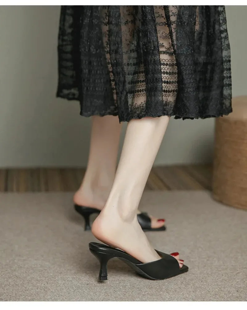 Pantuflas de Tacón Alto para Mujer, Pantuflas de Cuero Vacuno de Lujo, Pantuflas de Moda con Punta Cuadrada, Pantuflas de Tacón Alto con Punta Abierta para Verano