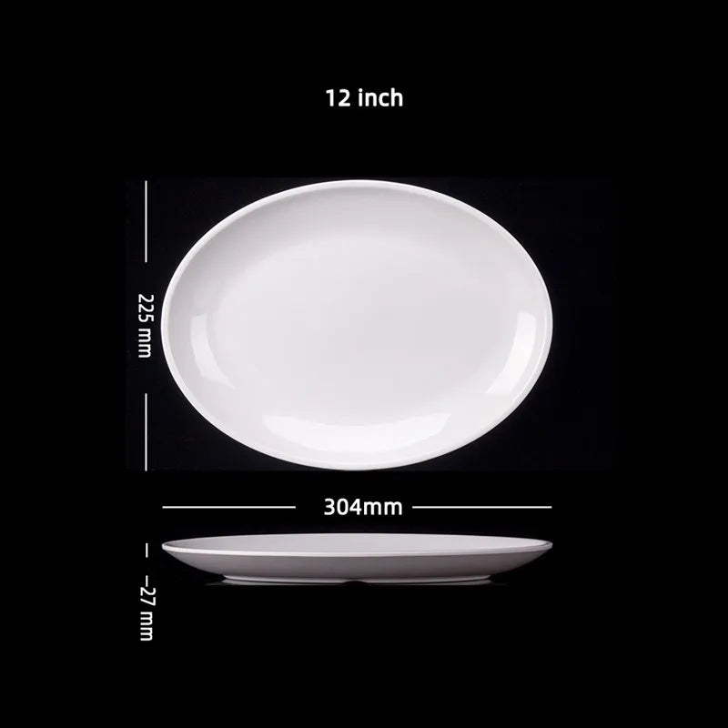 Platos ovalados de melamina blanca de 9-14 pulgadas, juego de cena, plato de porcelana de imitación, bandejas planas para carne, servicio de mesa de cocina y Hotel duradero