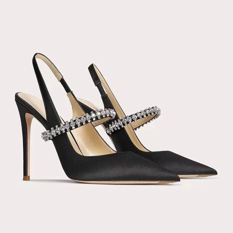 Tacones altos para mujer nueva primavera y otoño Baotou puntiagudos boca poco profunda tacón de aguja sandalias con temperamento de diamantes de imitación