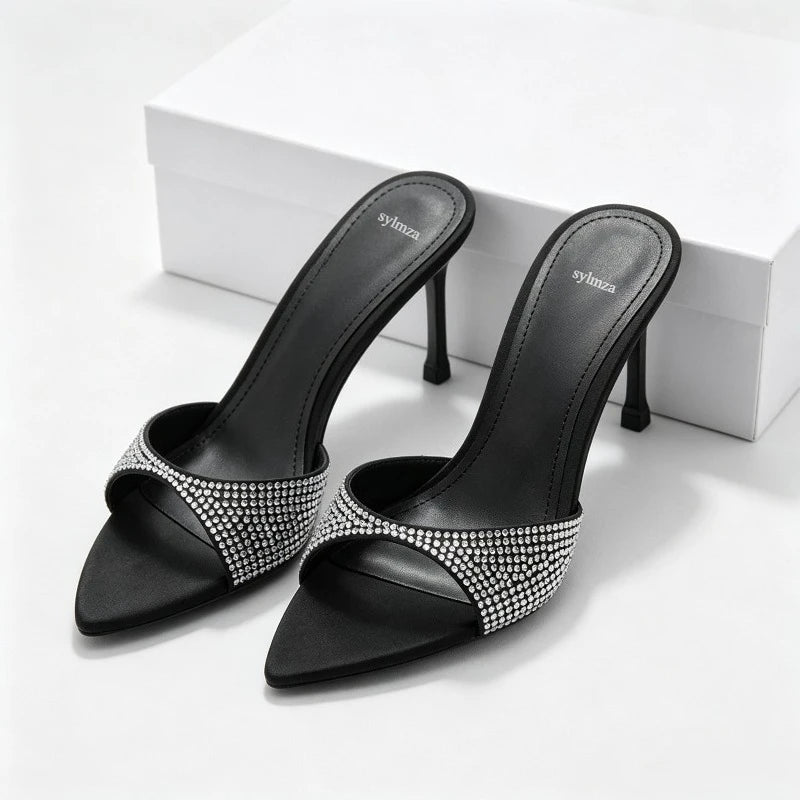 Zapatillas de tacón fino de lujo con diamantes de imitación brillantes para mujer, sandalias de marca con punta abierta, tacones sexis de diseñador para exteriores para mujer 2026