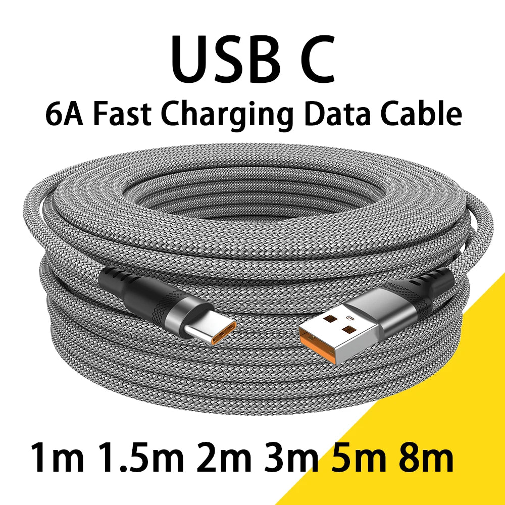 Cable de carga USB tipo C 6A para Huawei USB C extendido 1m 2m 3m 5m Cable de 8 metros para Xiaomi Vivo Leeco OnePlus Oppo