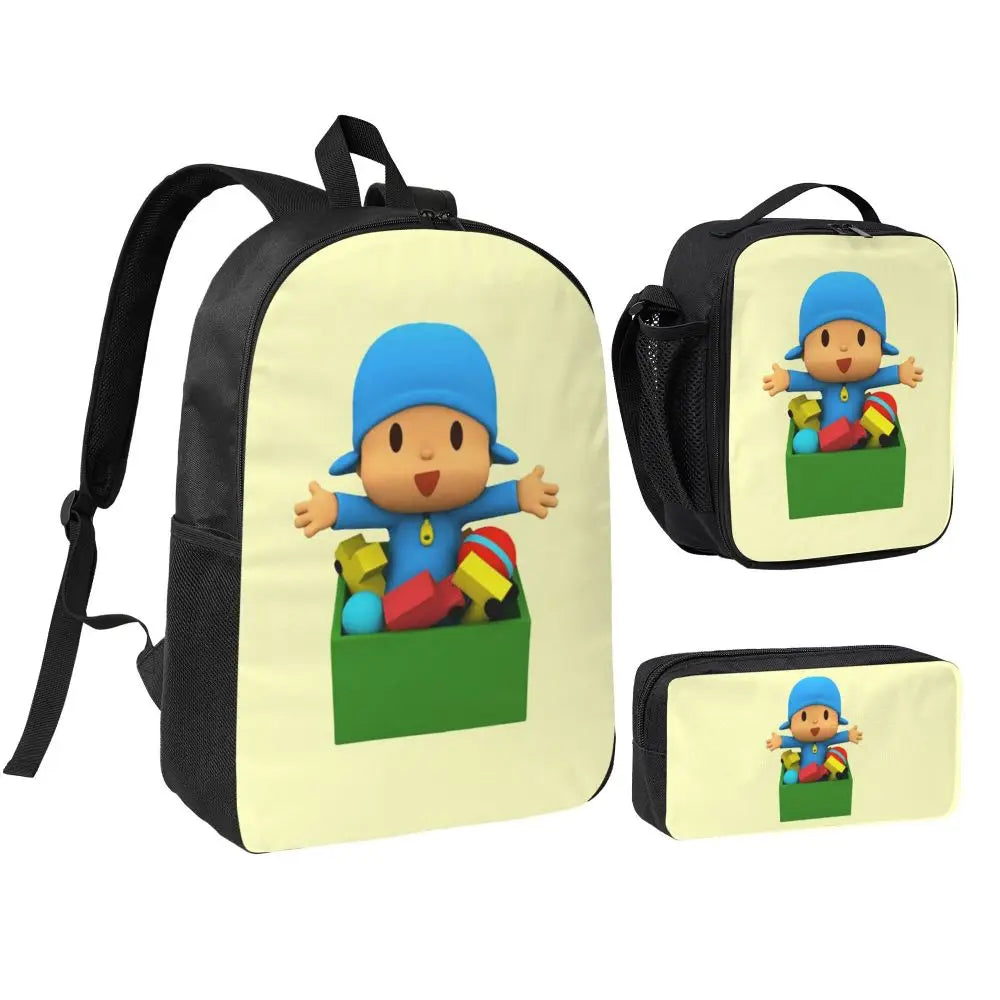 Mochila azul de dibujos animados de Pocoyo para niños, mochila escolar, bolsos de hombro para ordenador, bolsa de almuerzo aislada de 3 piezas, estuche para lápices