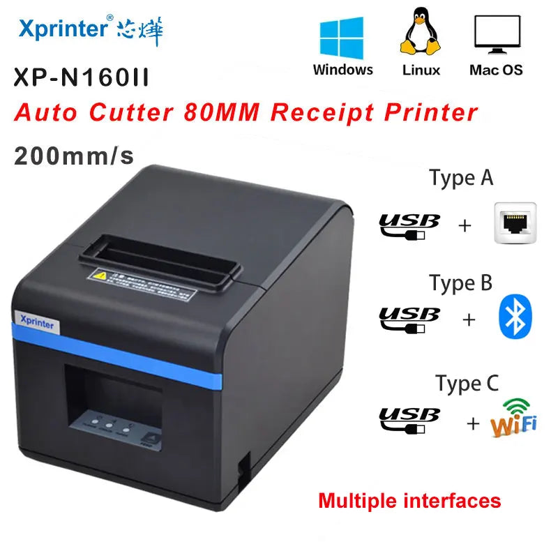 Impresora térmica de recibos Xprinter de 80mm con cortador automático velocidad de impresión de 200 mm/s con USB + Ethernet/Bluetooth/wifi XP-N160II 80T T80A