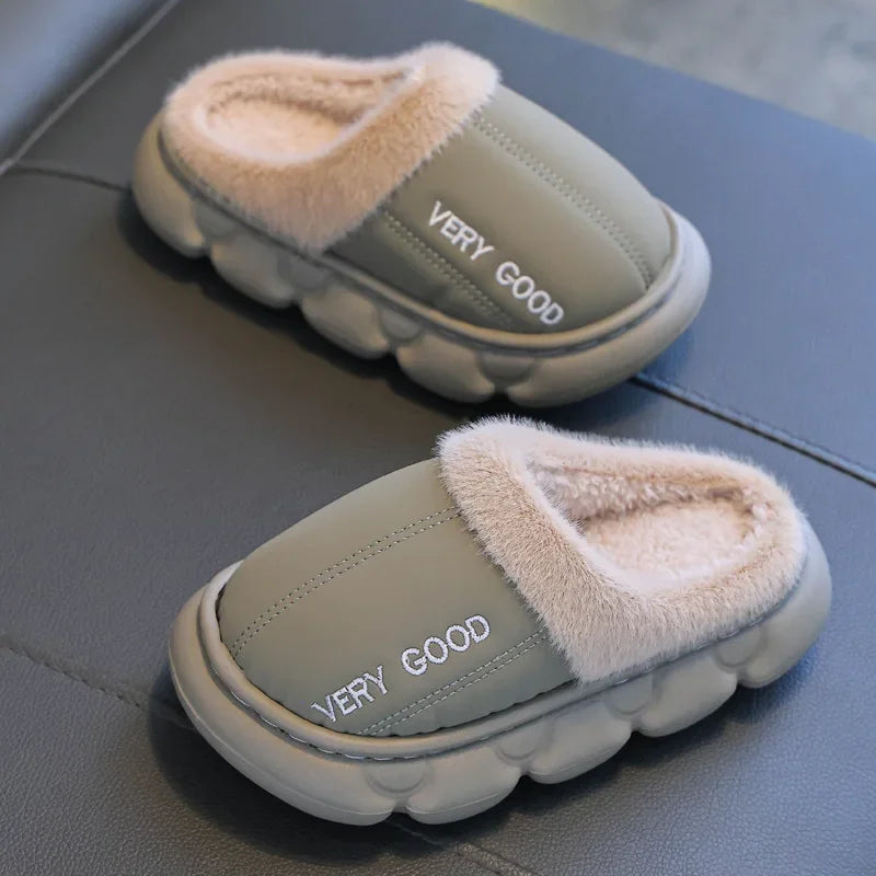Zapatillas antideslizantes impermeables para niños, zapatos de casa de felpa cálidos para invierno para niños y niñas, uso doméstico en interiores y exteriores