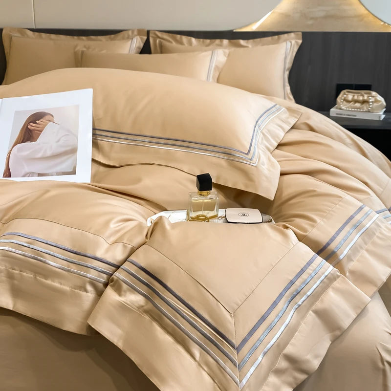 Juego de ropa de cama de lujo para Hotel, funda de edredón con bordado de Color sólido, Sábana plana/ajustada, fundas de almohada, tamaño Queen y King, 100% algodón