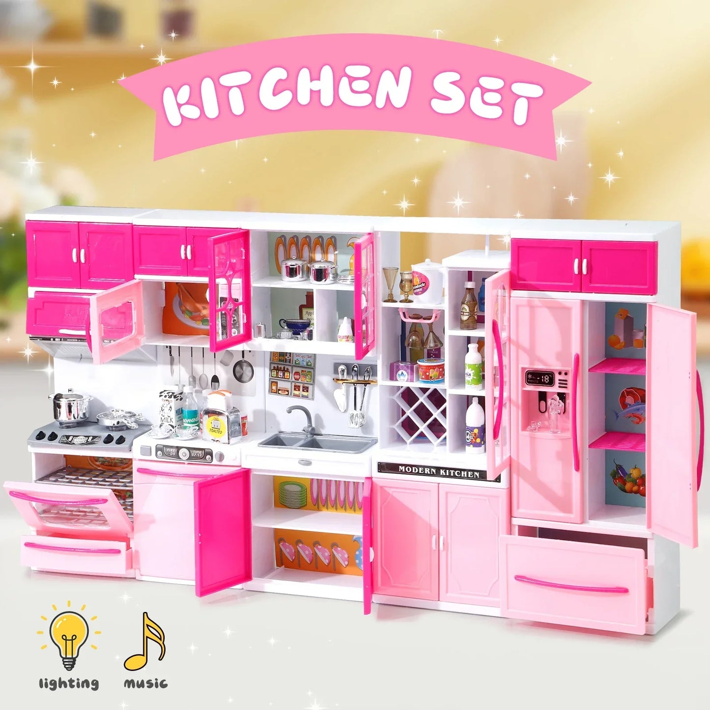 Juego de simulación combinado de cocina rosa, juego de juguetes de 5 piezas con luces y sonidos, para niñas, Navidad/Halloween/ Acción de Gracias/Año Nuevo