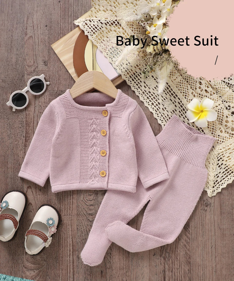 Conjuntos de ropa para niñas pequeñas, suéteres lisos de manga larga, cárdigans y pantalones, trajes tejidos para recién nacidos de 0 a 9m, chándales de 2 uds.