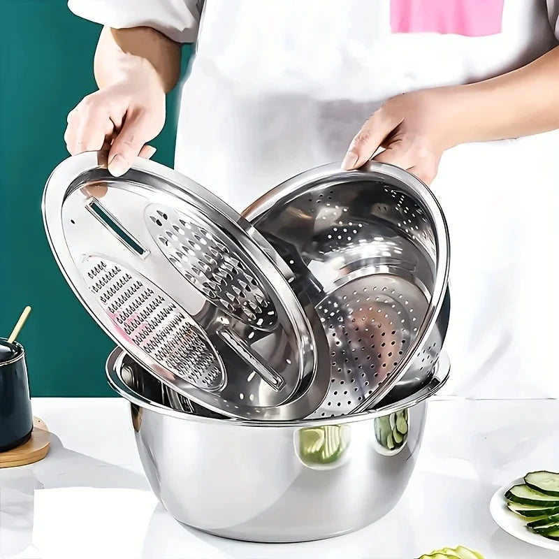 Juego de 3 Utensilios de Cocina de Acero Inoxidable, Tazón para Mezclar Multifuncional, Cortador de Verduras, Pelador de Frutas