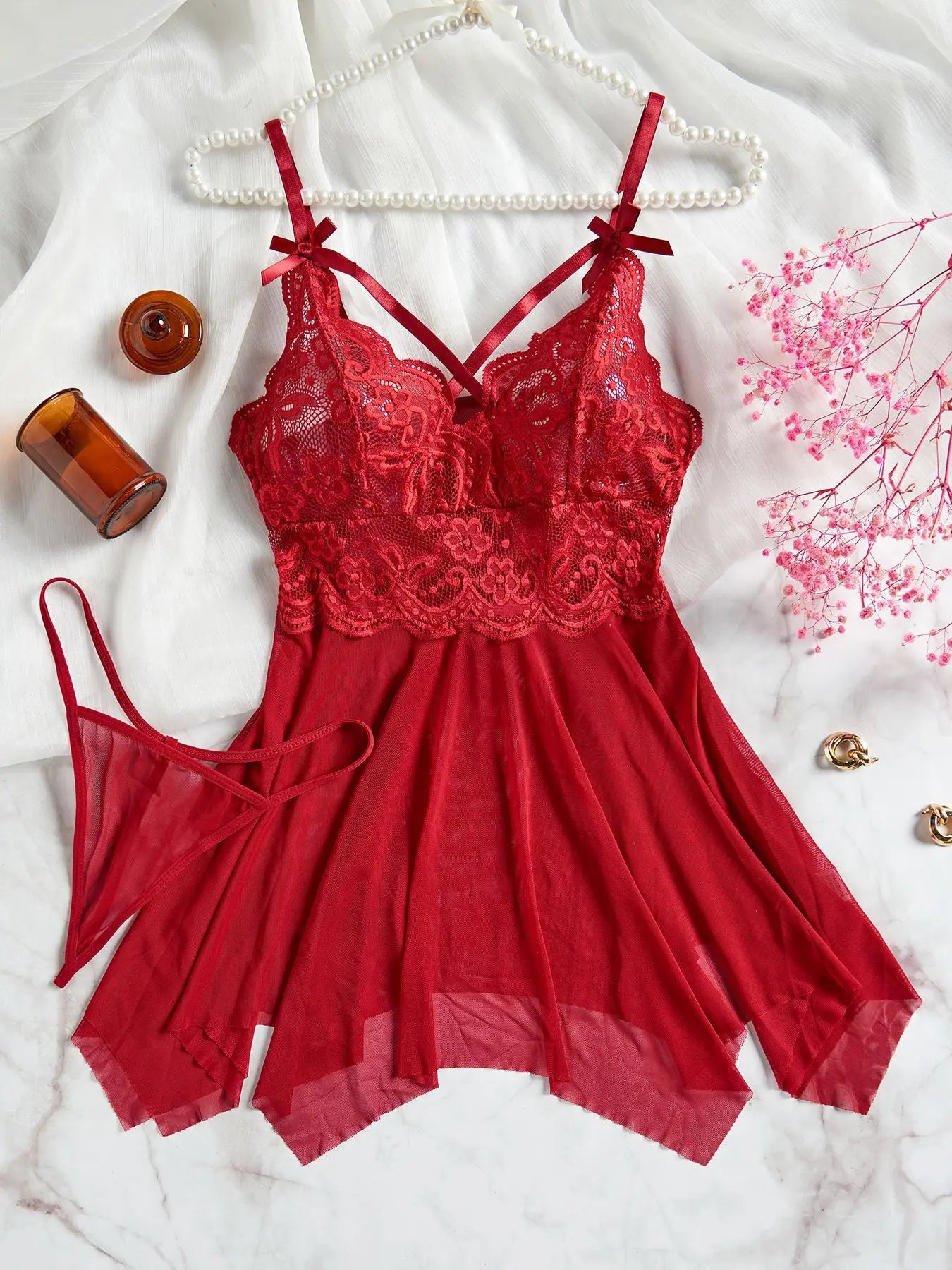 Lencería Sexy roja transparente, ropa interior para mujer, ropa de dormir transparente, camisón de encaje y bragas, conjuntos de Pijamas, camisón Sexy para mujer