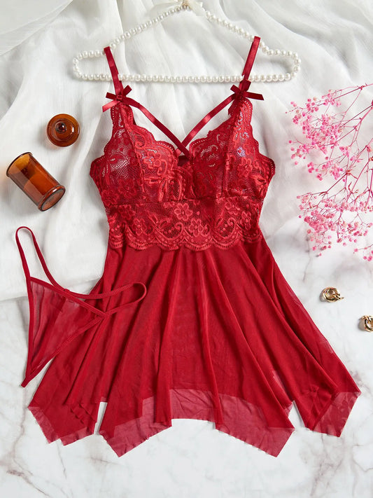 Lencería Sexy roja transparente, ropa interior para mujer, ropa de dormir transparente, camisón de encaje y bragas, conjuntos de Pijamas, camisón Sexy para mujer