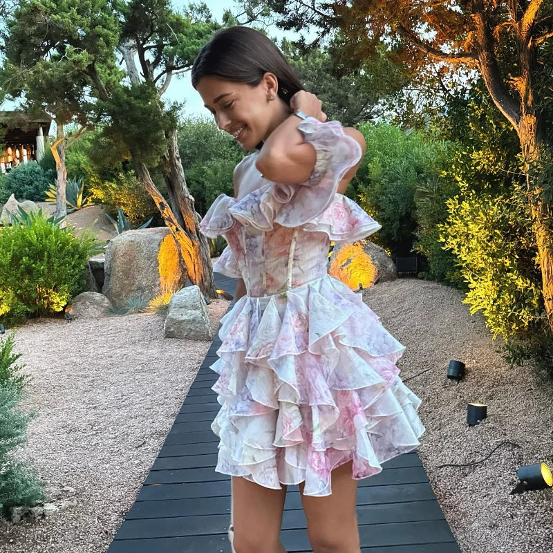 Vestido corto de gasa rosa dulce para mujer, moda con flores en 3D, manga abombada grande, cuello en V, cintura alta, línea A, Vestidos en capas, batas de señora nueva
