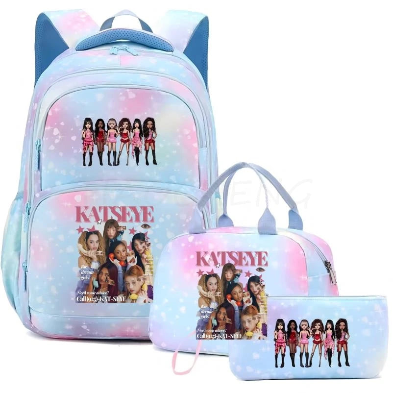 Mochila Katseye para mujer, 3 unidades/juego, mochila escolar para estudiantes, mochila de viaje al aire libre de gran capacidad, mochila escolar para estudiantes con dibujos animados