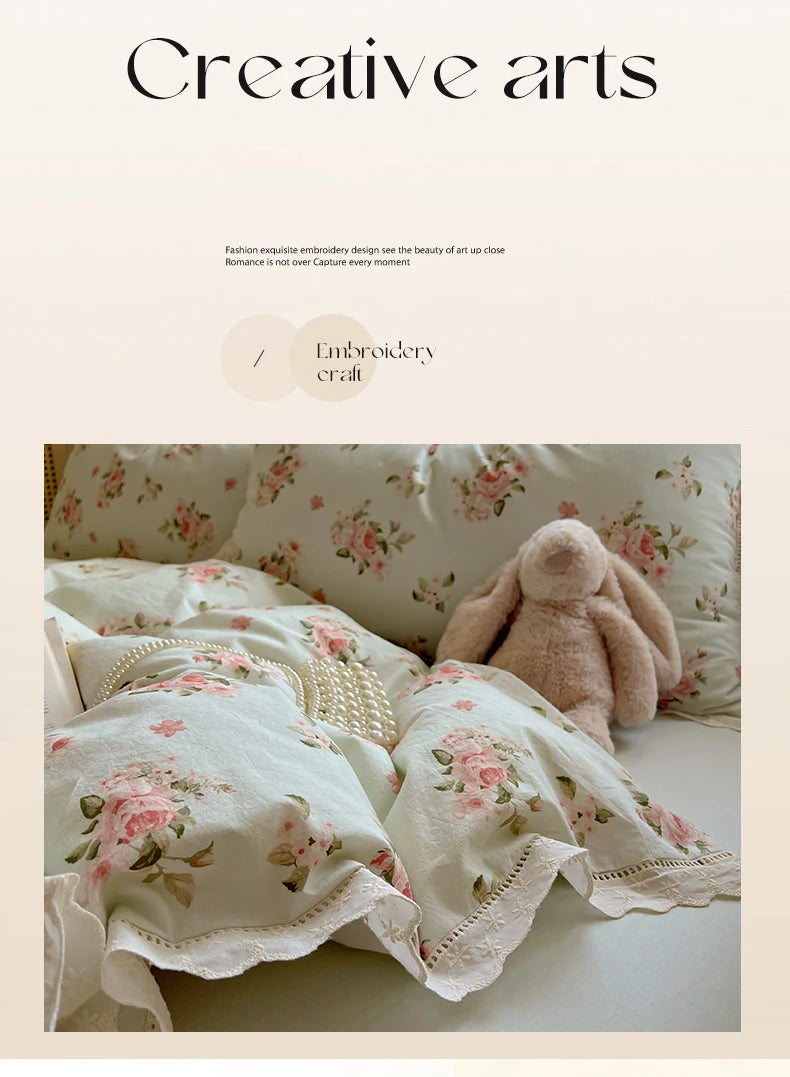 Juegos de funda nórdica de algodón lavado, juego de cama con estampado de flores individual/Queen/king, estilo princesa, funda de couette de 220x240 con encaje