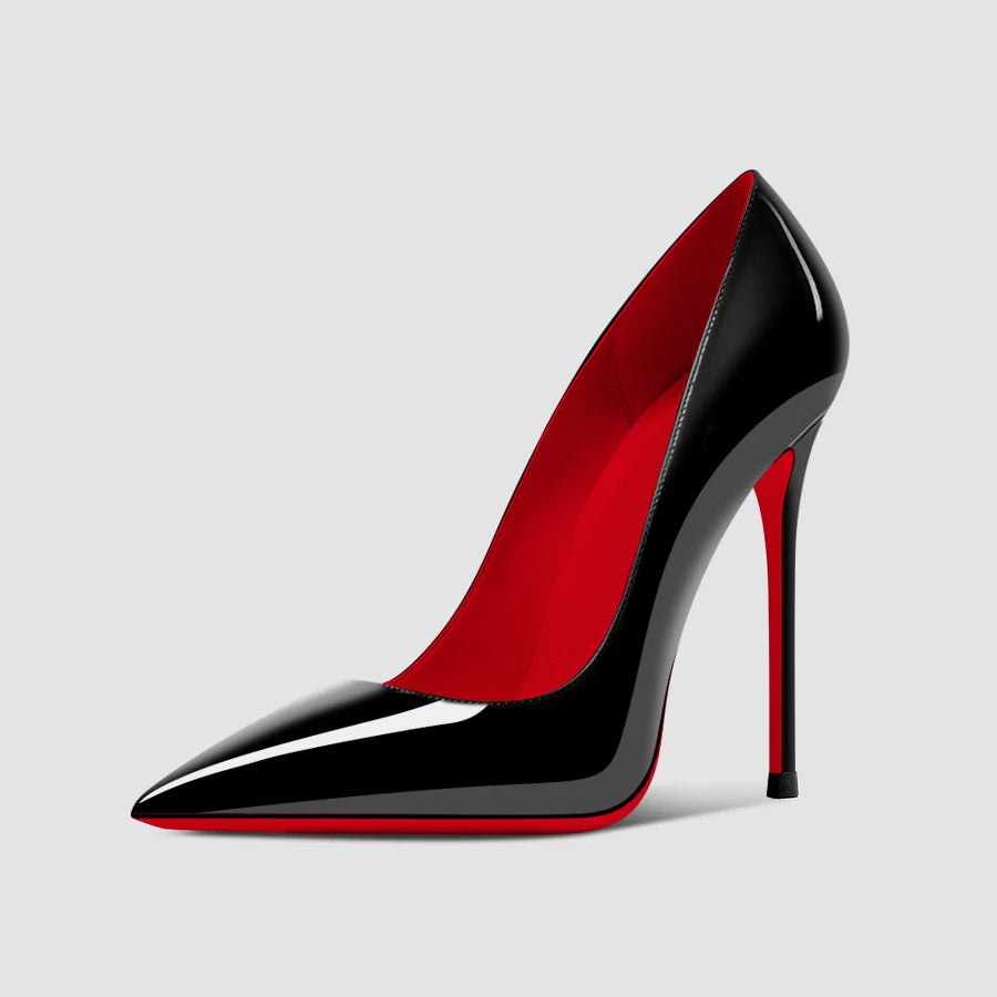 Nuevos tacones altos negros puntiagudos de 12 cm para mujer, tacones delgados con temperamento sexy, boca poco profunda, zapatos individuales con suela roja 34-46