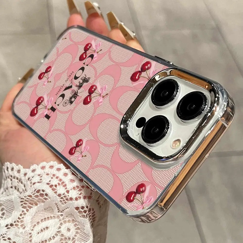 Funda C-Coach-s Cherries para iPhone 17 16 15 Pro MAX 14 13 12 16e 15Pro Plus, Carcasa Plateada 17Air, Fundas IMD