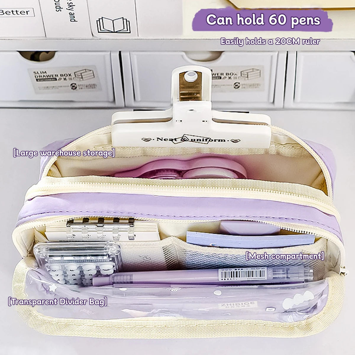 Bolsa de lápices transparente de cuatro capas, bolsa de papelería para estudiantes, bolsa de almacenamiento de gran capacidad, suministros de oficina escolar, papelería, 1Pc