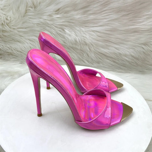 Fashion Sandals Women's New High Quality Pointed Toe Open Toe Shallow Mouth Laser Pink Crystal Slippers Modern Open Shoes