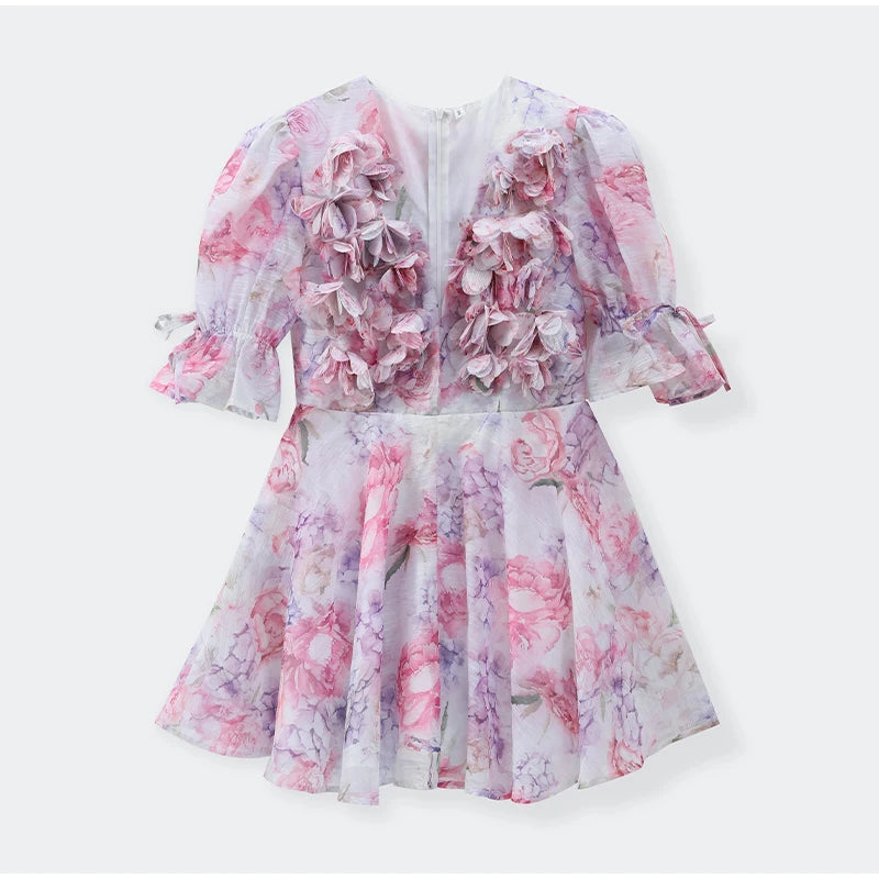 Vestido corto de gasa rosa dulce para mujer, moda con flores en 3D, manga abombada grande, cuello en V, cintura alta, línea A, Vestidos en capas, batas de señora nueva
