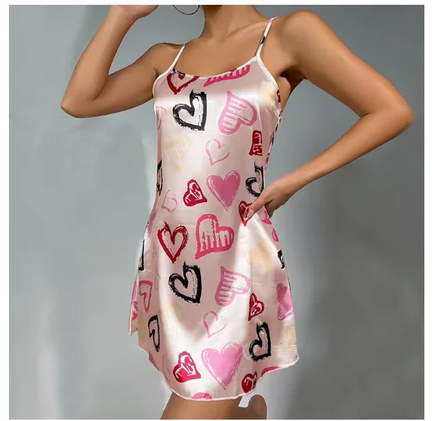 Camisón Sexy con tirantes para mujer, lencería Sexy de satén de seda, ropa de dormir con pintura Floral, minivestido para el hogar