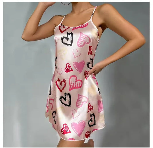 Camisón Sexy con tirantes para mujer, lencería Sexy de satén de seda, ropa de dormir con pintura Floral, minivestido para el hogar